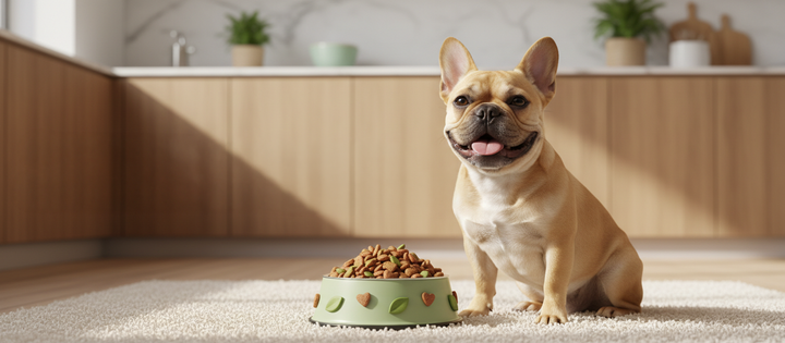 Bulldog Frances con un cuenco de comida