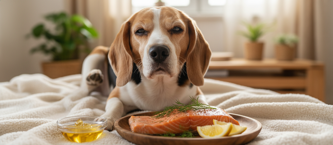 Perro con dermatitis atópica comiendo salmón