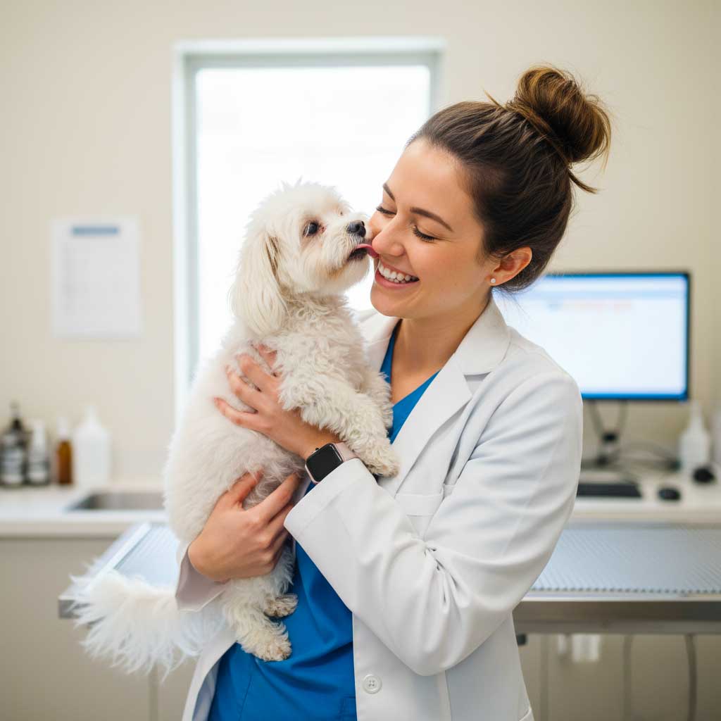 Imagen de un perro lamiendo un veterinario