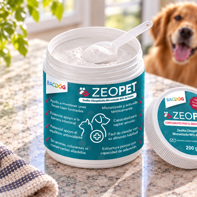 Suplemento Mineral Avanzado de zeolita  Zeopet 200g - Suplemento Premium para perros y gatos, bote pequeño en mesa de cocina
