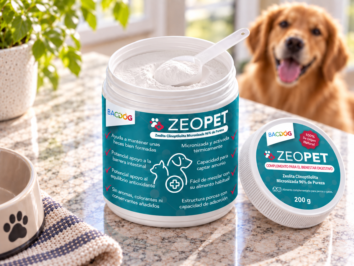 Suplemento Mineral Avanzado de zeolita  Zeopet 200g - Suplemento Premium para perros y gatos, bote pequeño en mesa de cocina