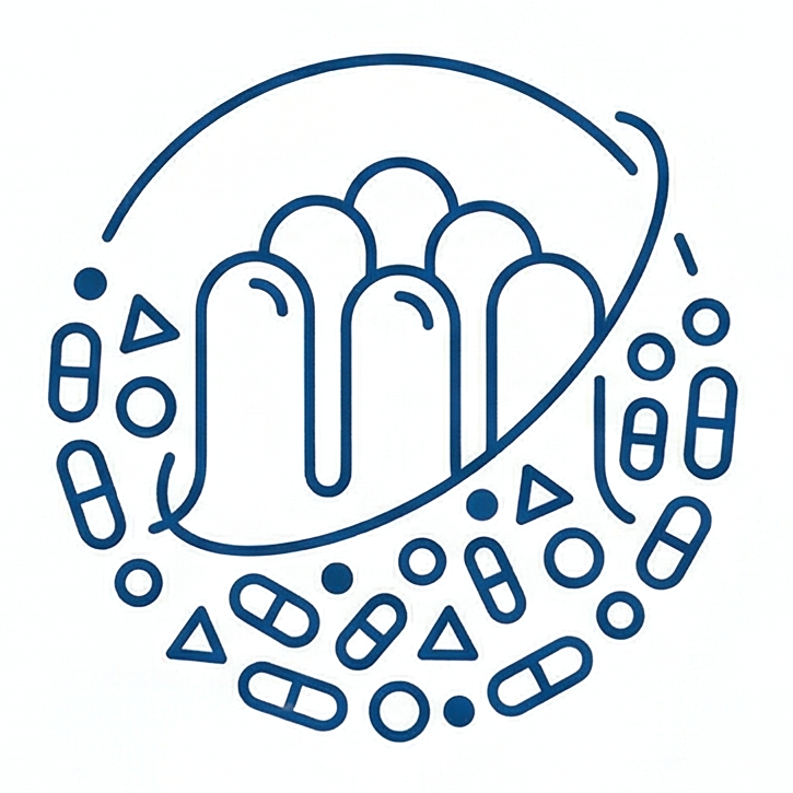 Icono técnico de vellosidades intestinales y microbiota activa, representando la regeneración gástrica y absorción celular de Bacdog.