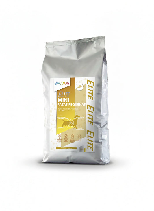 Pienso Bacdog Mini Razas Pequeñas con Ternera Hidrolizada (Elite) para perros mini de alta calidad.