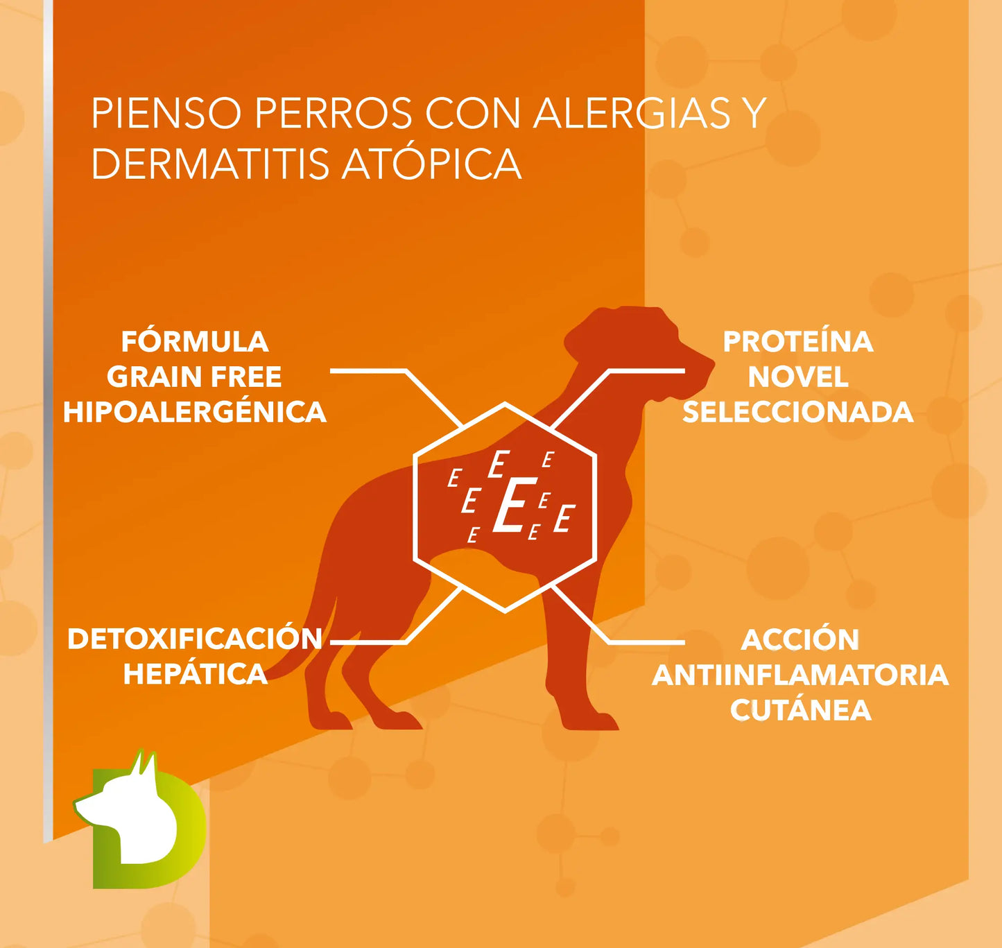 Infografía de Pienso Bacdog Sensitive Hipoalergénico (Elite) para alergias, detox hepático y fórmula Grain Free.