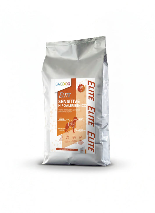 Pienso Bacdog Sensitive Hipoalergénico de Salmón, Atún y Patata (Elite) para perros con sensibilidad alimentaria.