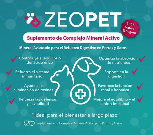 Infografía de beneficios de Zeopet: control de ácido úrico, digestión, función renal y desintoxicación para perros y gatos.
